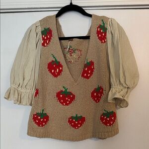 Free People Tan Knit Strawberry Short Sleeve Sweater Blouse